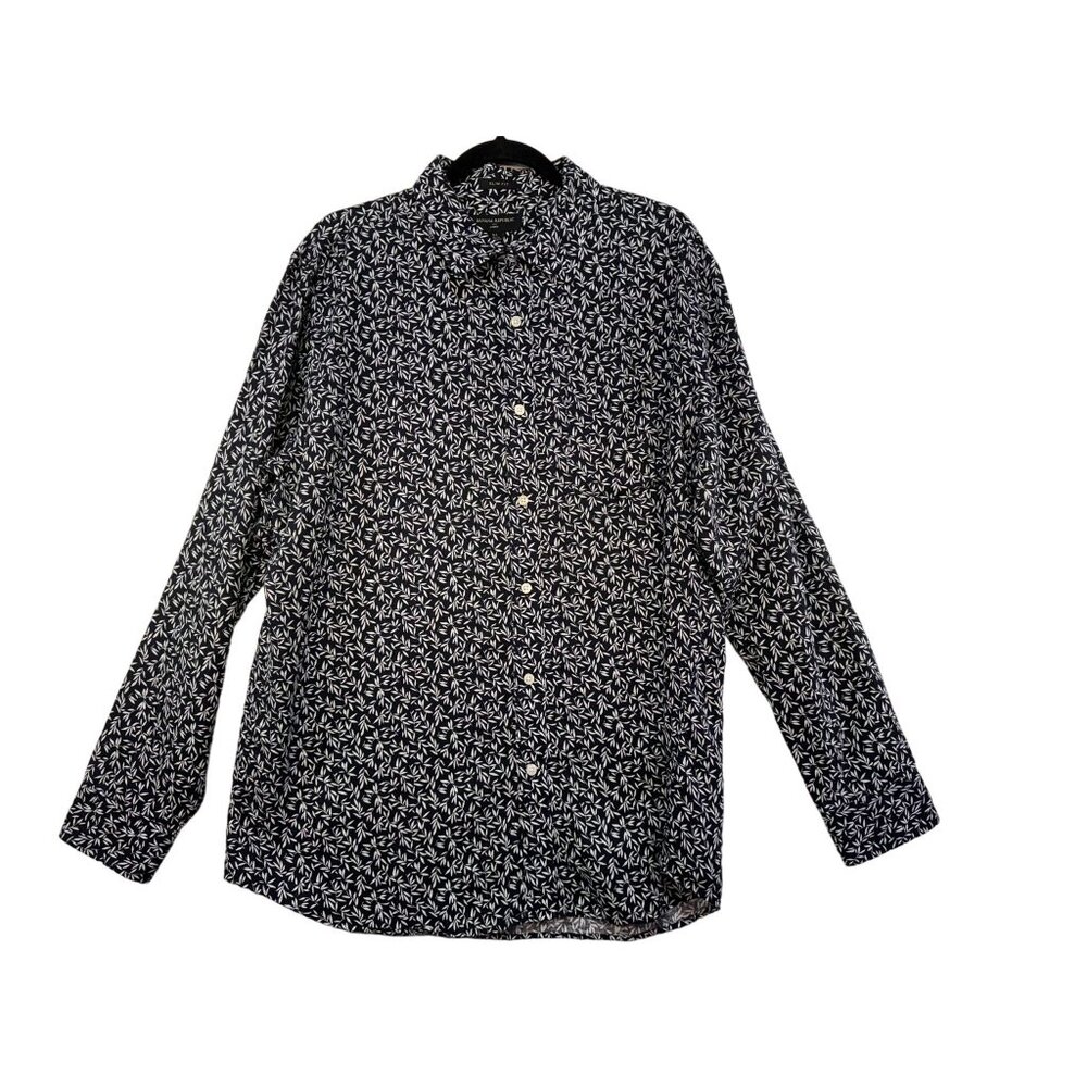 Banana Republic Slim Fit XL Navy & White Leaf Print Linen Blend Long Sleeve Butt